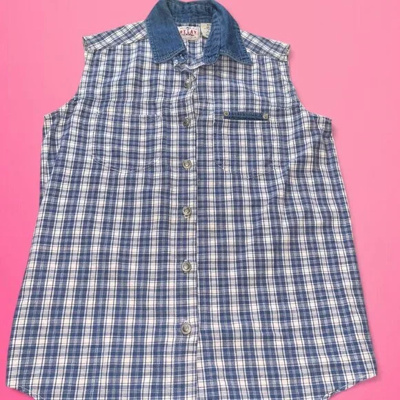 Vintage blue & white plaid button up blouse - Picture 3 of 8